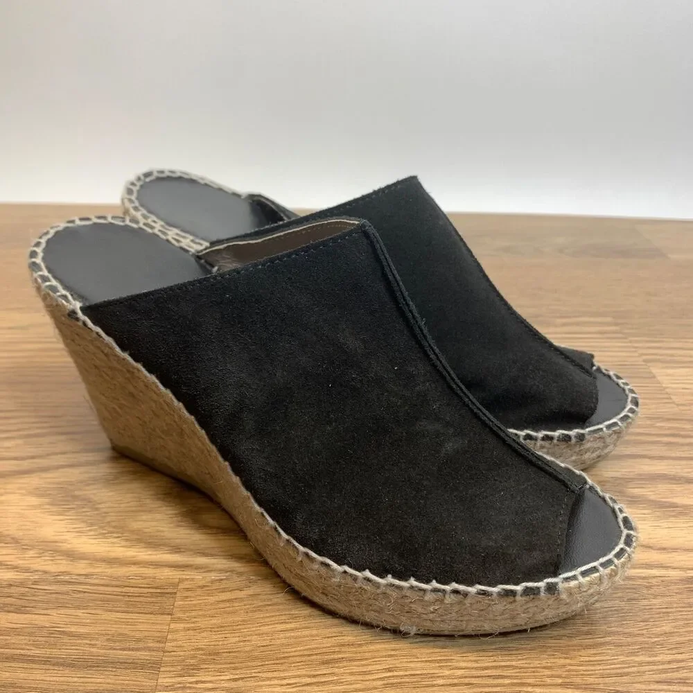 andre assous espadrilles Black Suede Peep Toe Wedge Slip On Shoes Size 8‎